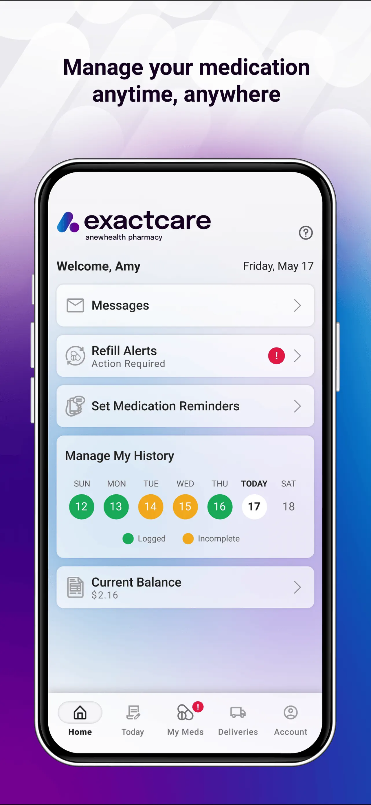 ExactCare medication management home screen