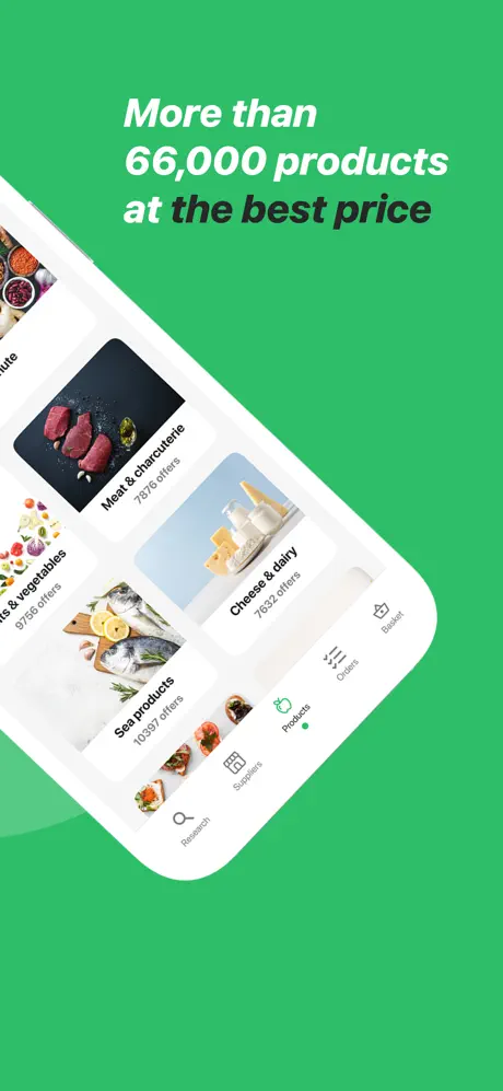 Foodomarket product categories with meat, dairy, and seafood offers