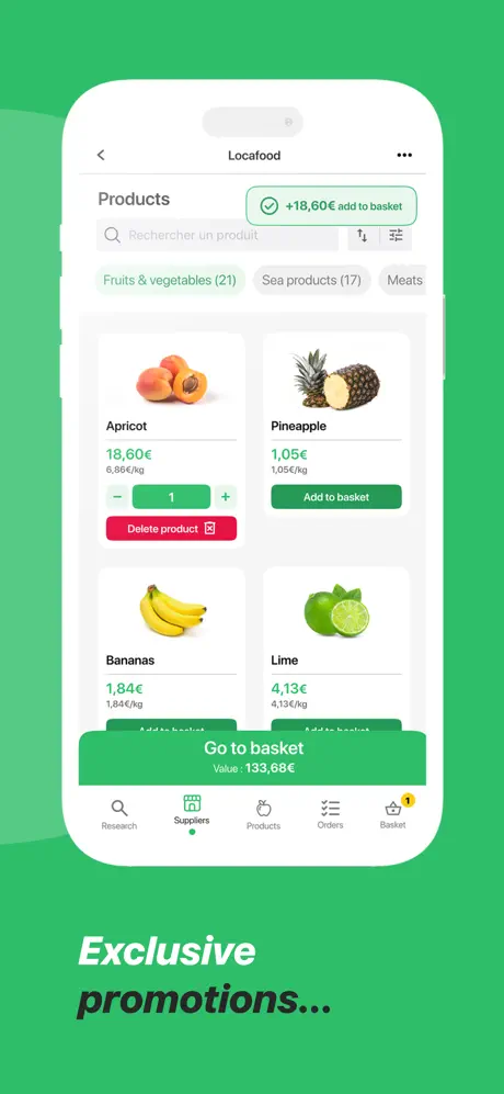 Foodomarket product catalog and basket for wholesale food ordering