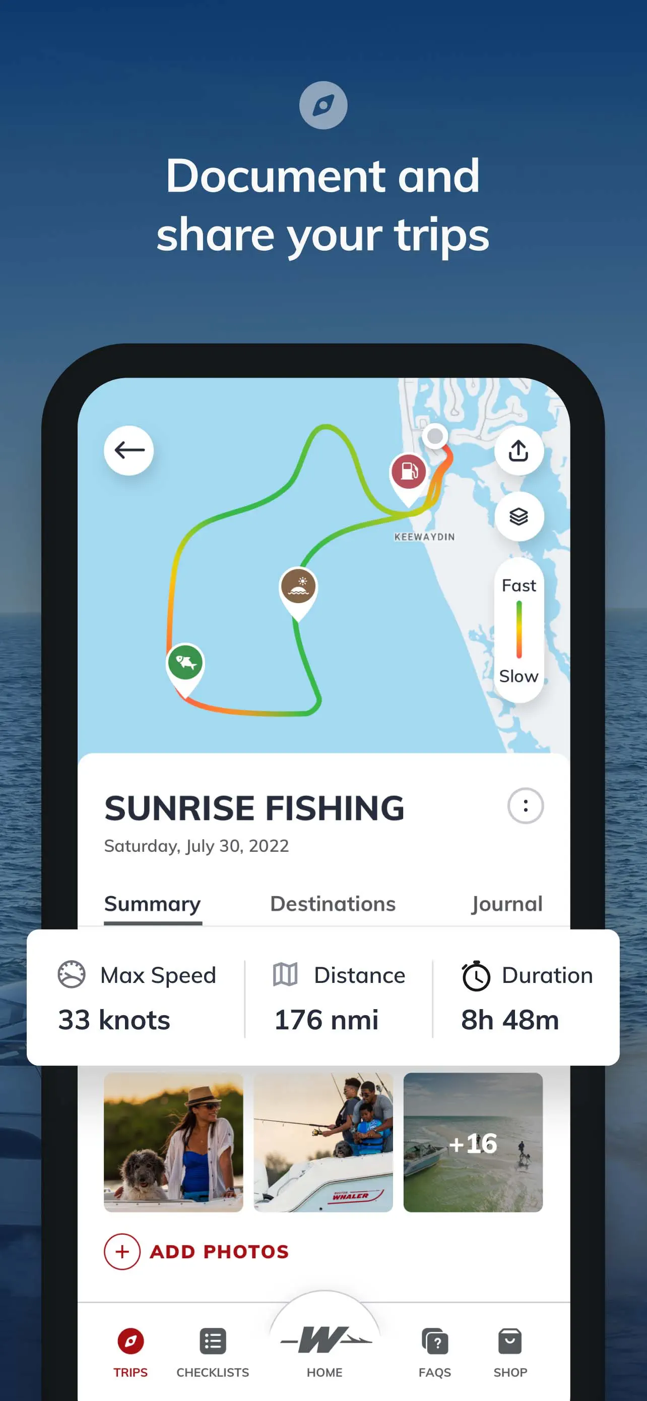 MyWhaler trip tracking map and journey statistics